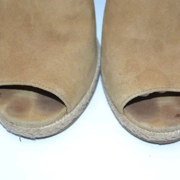 Tory Burch Tan Suede Leather Open Peep Toe Wood Wedge Slingback Heels Sandals 8 - Picture 9 of 14